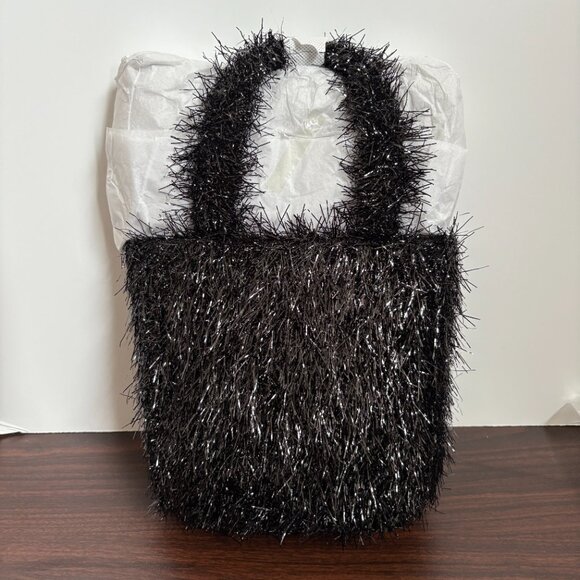 Edie Parker Weedie Mini Grass All Over Metallic Tinsel Black Tote Bag New - Picture 2 of 7